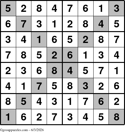 The grouppuzzles.com Answer grid for the Sudoku-8-X puzzle for Wednesday June 3, 2026