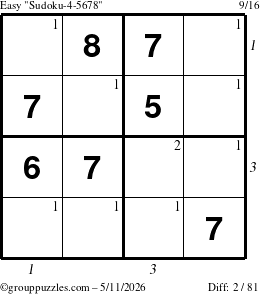 The grouppuzzles.com Easy Sudoku-4-5678 puzzle for Monday May 11, 2026 with all 2 steps marked