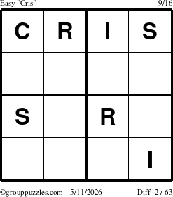 The grouppuzzles.com Easy Cris puzzle for Monday May 11, 2026