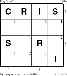 The grouppuzzles.com Easy Cris puzzle for Monday May 11, 2026 with all 2 steps marked