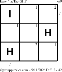 The grouppuzzles.com Easy TicTac-GHI puzzle for Monday May 11, 2026 with all 2 steps marked