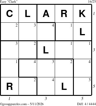 The grouppuzzles.com Easy Clark puzzle for Monday May 11, 2026 with all 4 steps marked