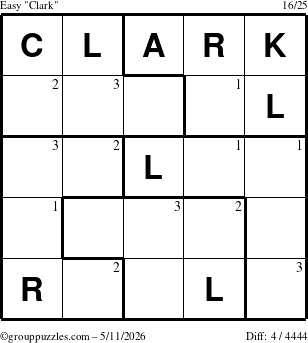 The grouppuzzles.com Easy Clark puzzle for Monday May 11, 2026 with the first 3 steps marked