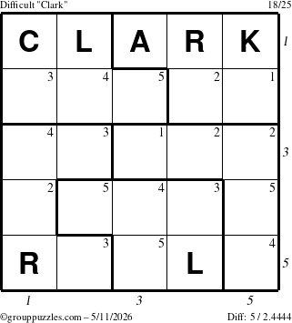 The grouppuzzles.com Difficult Clark puzzle for Monday May 11, 2026 with all 5 steps marked