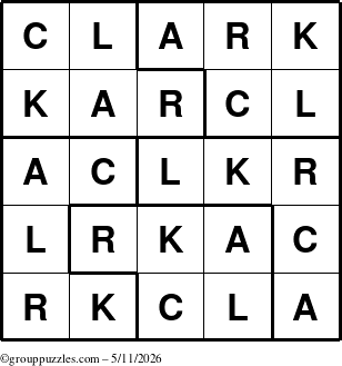 The grouppuzzles.com Answer grid for the Clark puzzle for Monday May 11, 2026