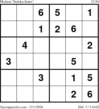 The grouppuzzles.com Medium Sudoku-Junior puzzle for Monday May 11, 2026