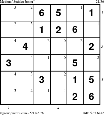 The grouppuzzles.com Medium Sudoku-Junior puzzle for Monday May 11, 2026 with all 5 steps marked