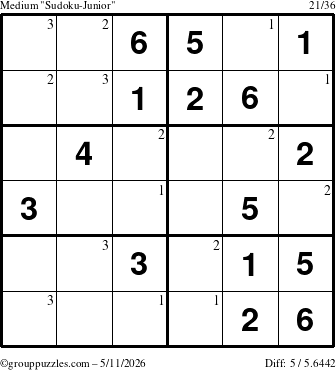 The grouppuzzles.com Medium Sudoku-Junior puzzle for Monday May 11, 2026 with the first 3 steps marked