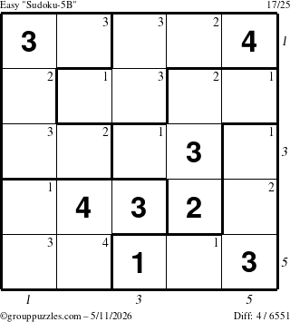 The grouppuzzles.com Easy Sudoku-5B puzzle for Monday May 11, 2026, suitable for printing, with all 4 steps marked