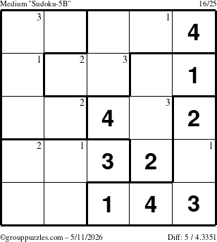The grouppuzzles.com Medium Sudoku-5B puzzle for Monday May 11, 2026 with the first 3 steps marked