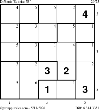 The grouppuzzles.com Difficult Sudoku-5B puzzle for Monday May 11, 2026 with all 6 steps marked
