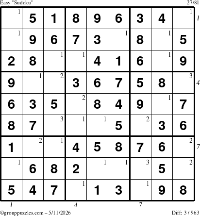 The grouppuzzles.com Easy Sudoku puzzle for Monday May 11, 2026, suitable for printing, with all 3 steps marked