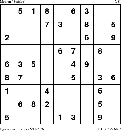 The grouppuzzles.com Medium Sudoku puzzle for Monday May 11, 2026