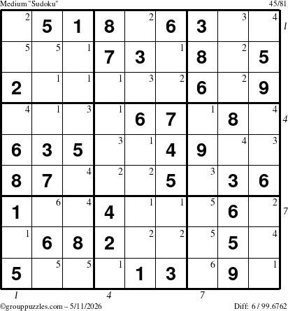 The grouppuzzles.com Medium Sudoku puzzle for Monday May 11, 2026, suitable for printing, with all 6 steps marked