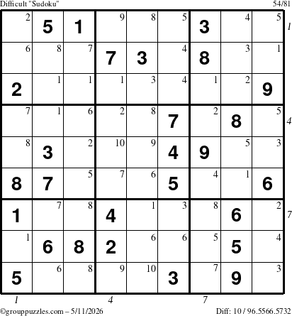 The grouppuzzles.com Difficult Sudoku puzzle for Monday May 11, 2026 with all 10 steps marked