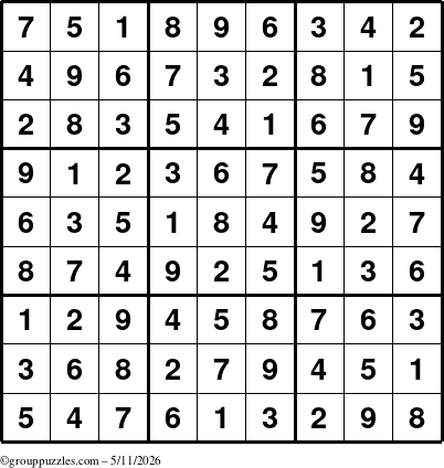 The grouppuzzles.com Answer grid for the Sudoku puzzle for Monday May 11, 2026