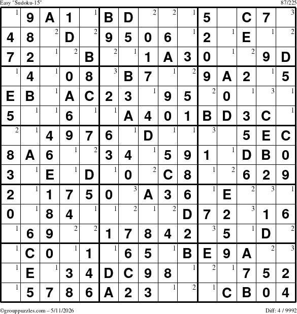 The grouppuzzles.com Easy Sudoku-15 puzzle for Monday May 11, 2026 with the first 3 steps marked
