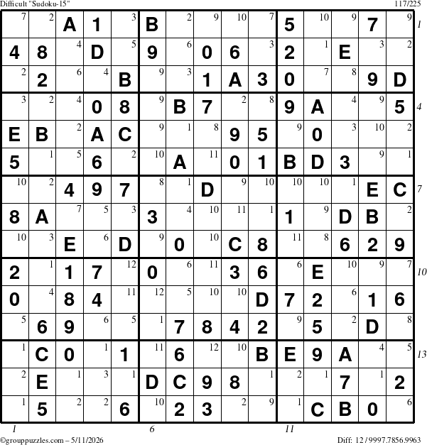 The grouppuzzles.com Difficult Sudoku-15 puzzle for Monday May 11, 2026 with all 12 steps marked