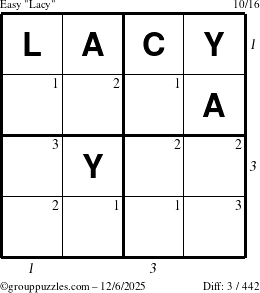 The grouppuzzles.com Easy Lacy puzzle for Saturday December 6, 2025, suitable for printing, with all 3 steps marked