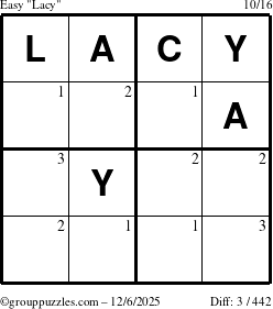 The grouppuzzles.com Easy Lacy puzzle for Saturday December 6, 2025 with the first 3 steps marked