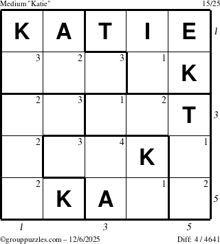 The grouppuzzles.com Medium Katie puzzle for Saturday December 6, 2025, suitable for printing, with all 4 steps marked