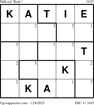 The grouppuzzles.com Difficult Katie puzzle for Saturday December 6, 2025 with the first 3 steps marked