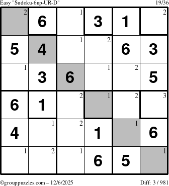 The grouppuzzles.com Easy Sudoku-6up-UR-D puzzle for Saturday December 6, 2025 with the first 3 steps marked