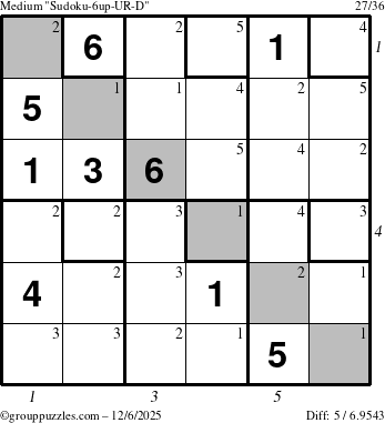The grouppuzzles.com Medium Sudoku-6up-UR-D puzzle for Saturday December 6, 2025, suitable for printing, with all 5 steps marked