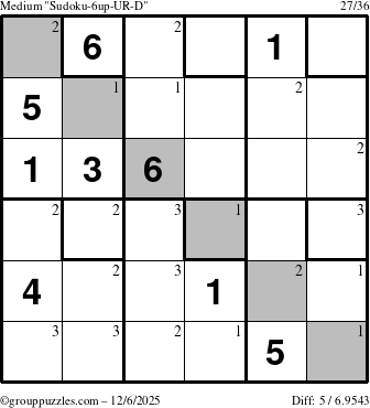 The grouppuzzles.com Medium Sudoku-6up-UR-D puzzle for Saturday December 6, 2025 with the first 3 steps marked