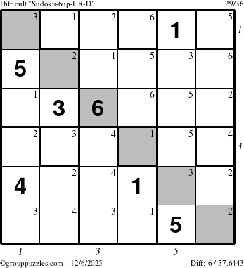 The grouppuzzles.com Difficult Sudoku-6up-UR-D puzzle for Saturday December 6, 2025 with all 6 steps marked