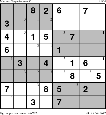 The grouppuzzles.com Medium SuperSudoku-8 puzzle for Saturday December 6, 2025 with the first 3 steps marked
