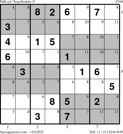 The grouppuzzles.com Difficult SuperSudoku-8 puzzle for Saturday December 6, 2025 with all 11 steps marked