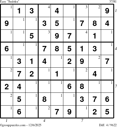 The grouppuzzles.com Easy Sudoku puzzle for Saturday December 6, 2025 with all 4 steps marked