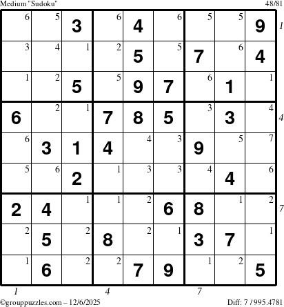 The grouppuzzles.com Medium Sudoku puzzle for Saturday December 6, 2025 with all 7 steps marked