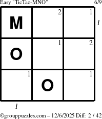 The grouppuzzles.com Easy TicTac-MNO puzzle for Saturday December 6, 2025, suitable for printing, with all 2 steps marked