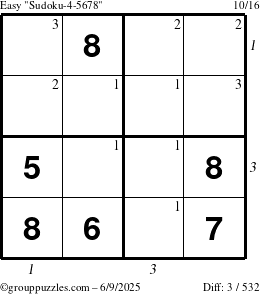 The grouppuzzles.com Easy Sudoku-4-5678 puzzle for Monday June 9, 2025 with all 3 steps marked
