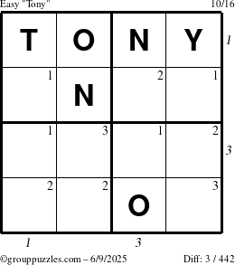 The grouppuzzles.com Easy Tony puzzle for Monday June 9, 2025 with all 3 steps marked