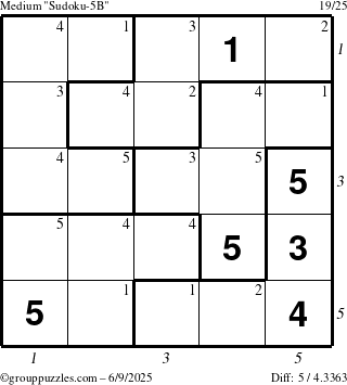 The grouppuzzles.com Medium Sudoku-5B puzzle for Monday June 9, 2025, suitable for printing, with all 5 steps marked