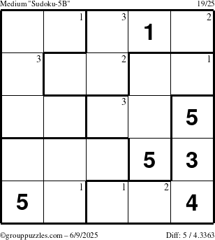 The grouppuzzles.com Medium Sudoku-5B puzzle for Monday June 9, 2025 with the first 3 steps marked