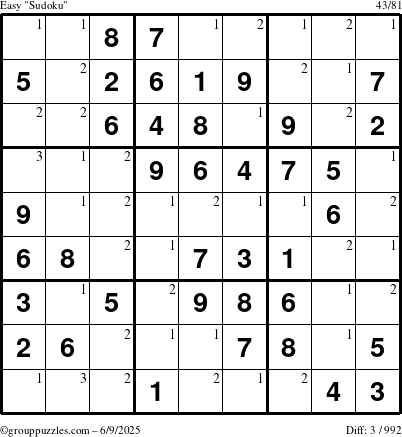The grouppuzzles.com Easy Sudoku puzzle for Monday June 9, 2025 with the first 3 steps marked