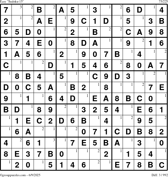 The grouppuzzles.com Easy Sudoku-15 puzzle for Monday June 9, 2025 with the first 3 steps marked