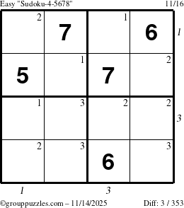 The grouppuzzles.com Easy Sudoku-4-5678 puzzle for Friday November 14, 2025 with all 3 steps marked