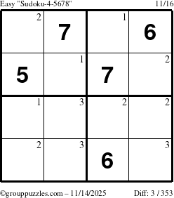 The grouppuzzles.com Easy Sudoku-4-5678 puzzle for Friday November 14, 2025 with the first 3 steps marked