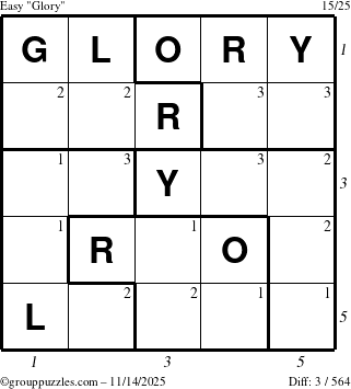 The grouppuzzles.com Easy Glory puzzle for Friday November 14, 2025, suitable for printing, with all 3 steps marked