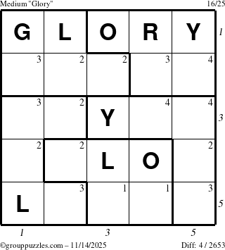 The grouppuzzles.com Medium Glory puzzle for Friday November 14, 2025, suitable for printing, with all 4 steps marked