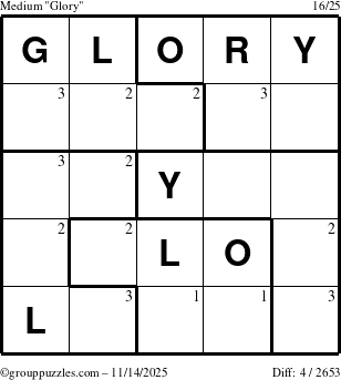 The grouppuzzles.com Medium Glory puzzle for Friday November 14, 2025 with the first 3 steps marked