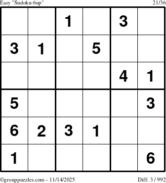 The grouppuzzles.com Easy Sudoku-6up puzzle for Friday November 14, 2025
