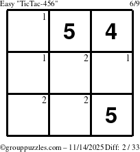 The grouppuzzles.com Easy TicTac-456 puzzle for Friday November 14, 2025 with the first 2 steps marked