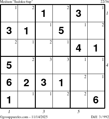 The grouppuzzles.com Medium Sudoku-6up puzzle for Friday November 14, 2025, suitable for printing, with all 3 steps marked