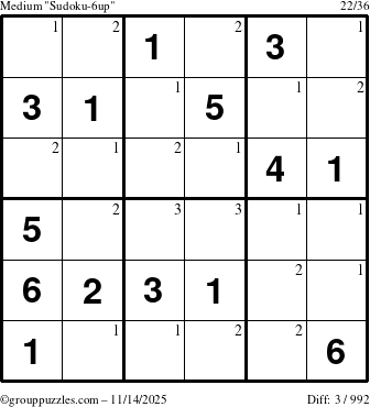 The grouppuzzles.com Medium Sudoku-6up puzzle for Friday November 14, 2025 with the first 3 steps marked